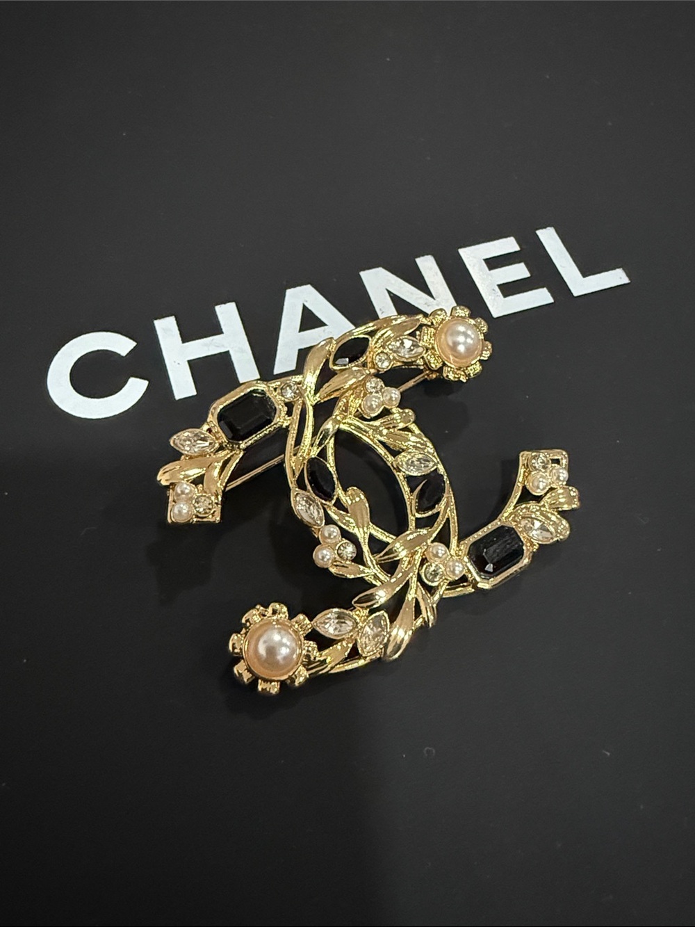 Upcycled CC Gold-Tone Double CC Brooch with Black Accents & Pearls